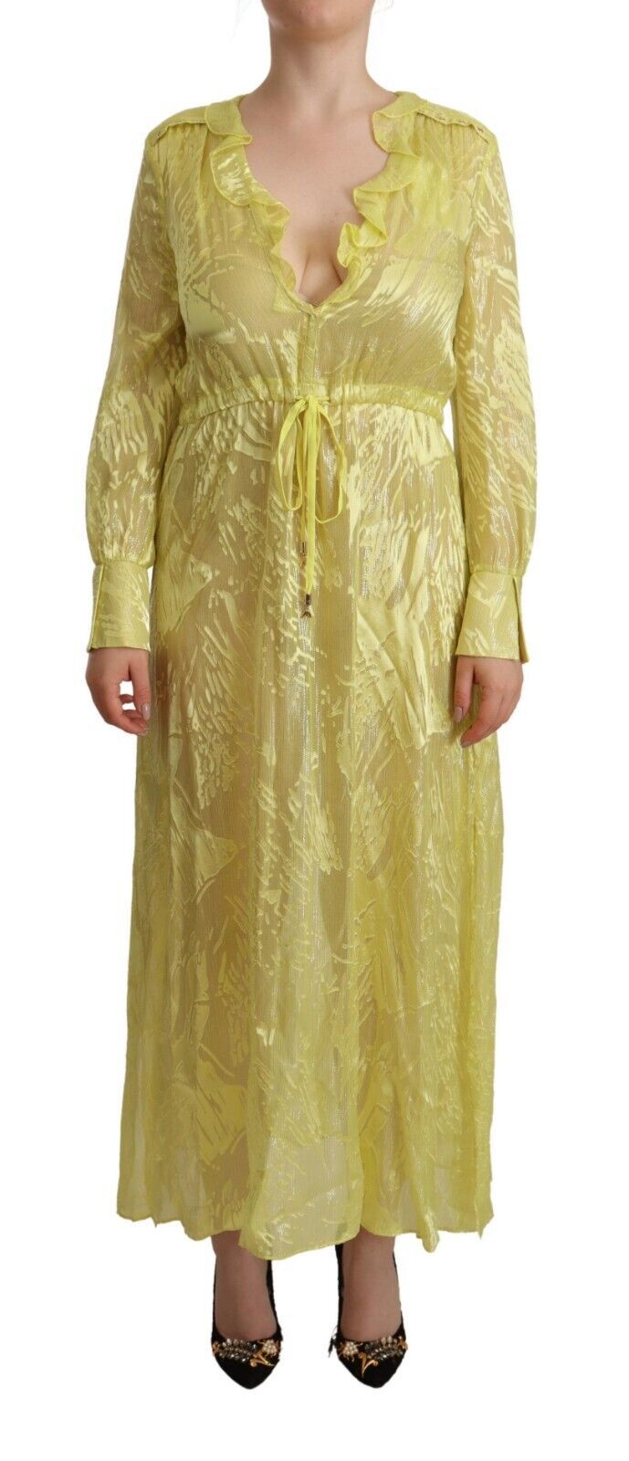 Patrizia Pepe Yellow Silk Dress with Long Sleeves and Deep Neckline