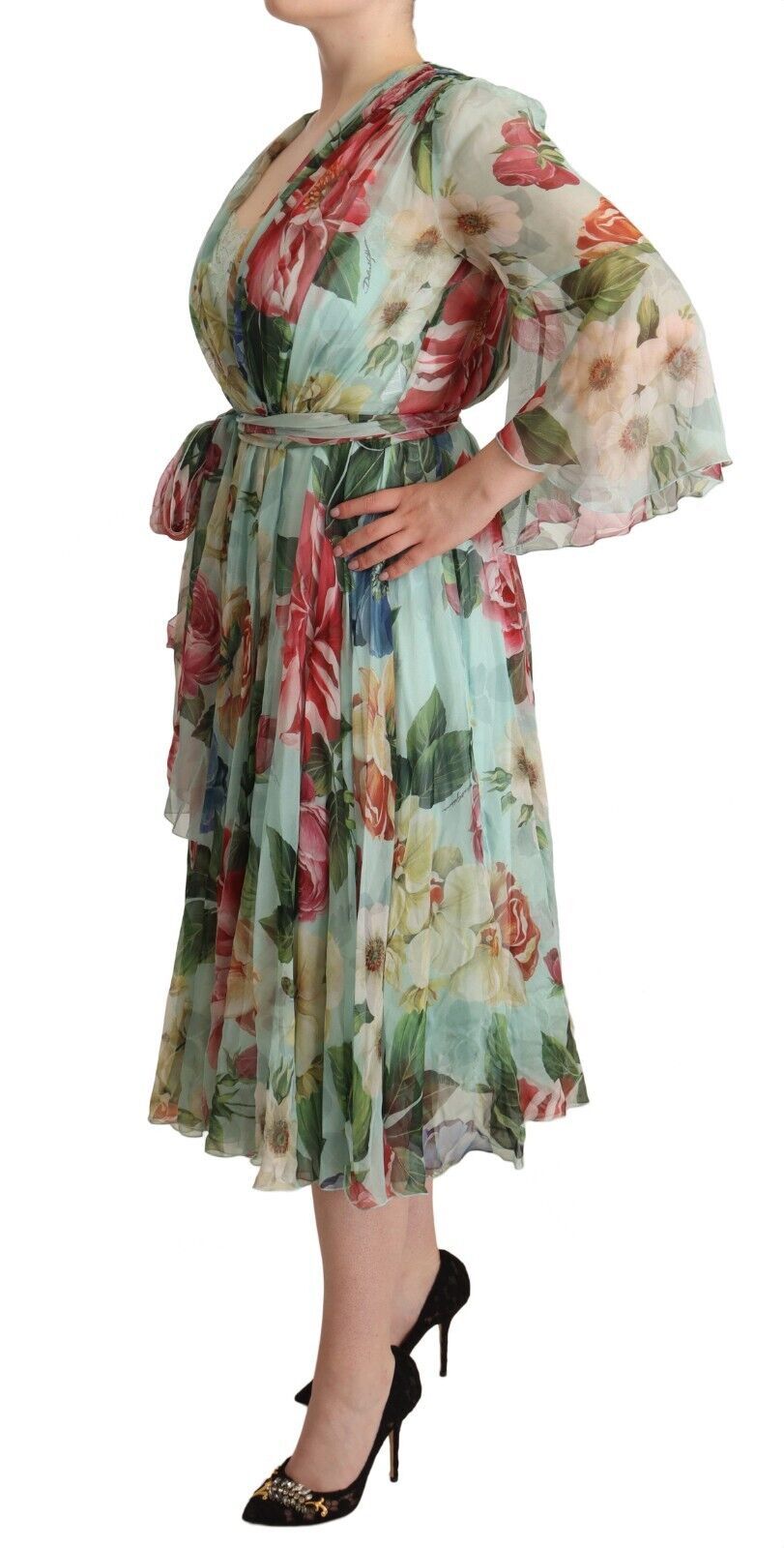 Dolce & Gabbana Green Floral Long-Sleeve V-Neck Midi Dress