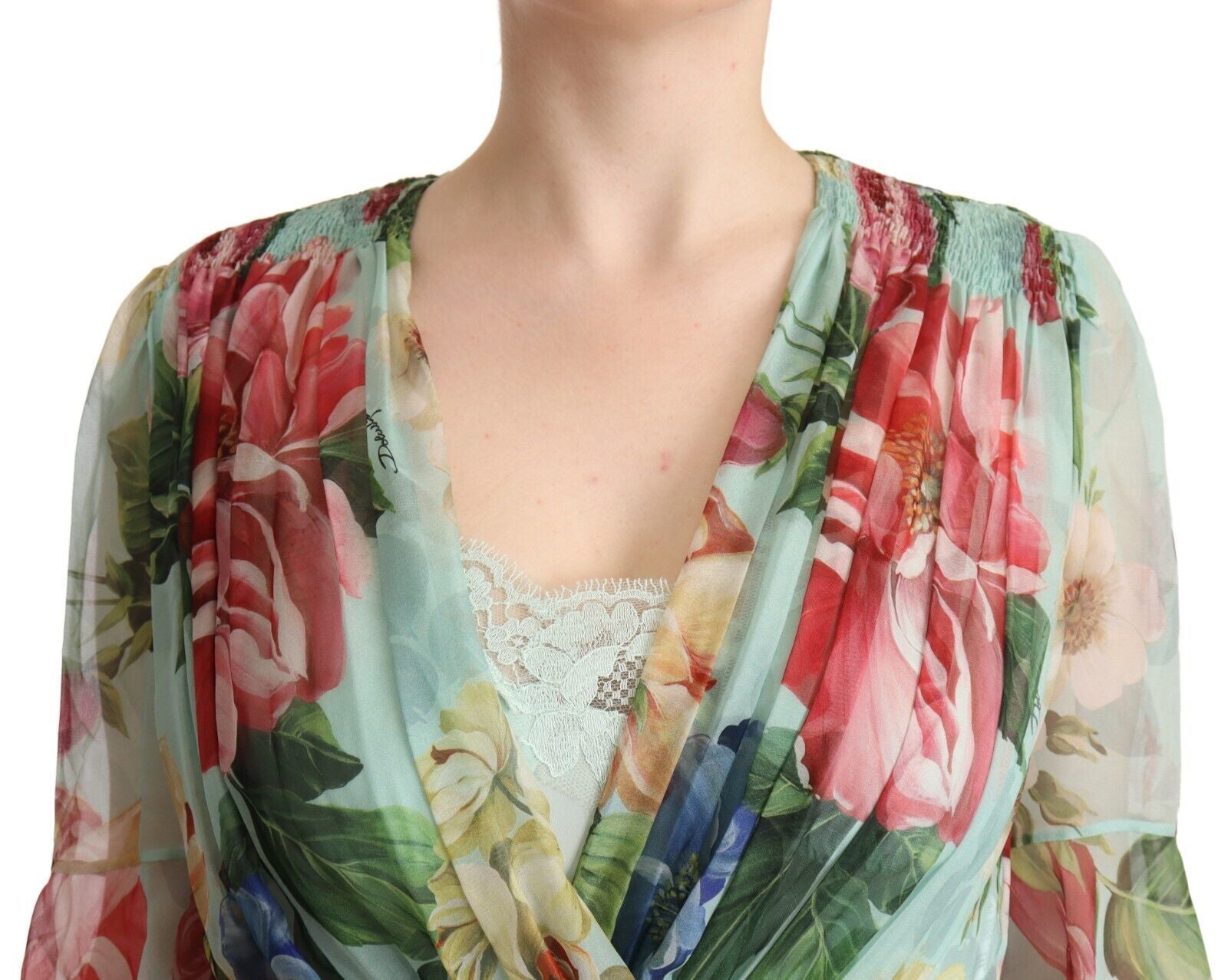 Dolce & Gabbana Green Floral Long-Sleeve V-Neck Midi Dress