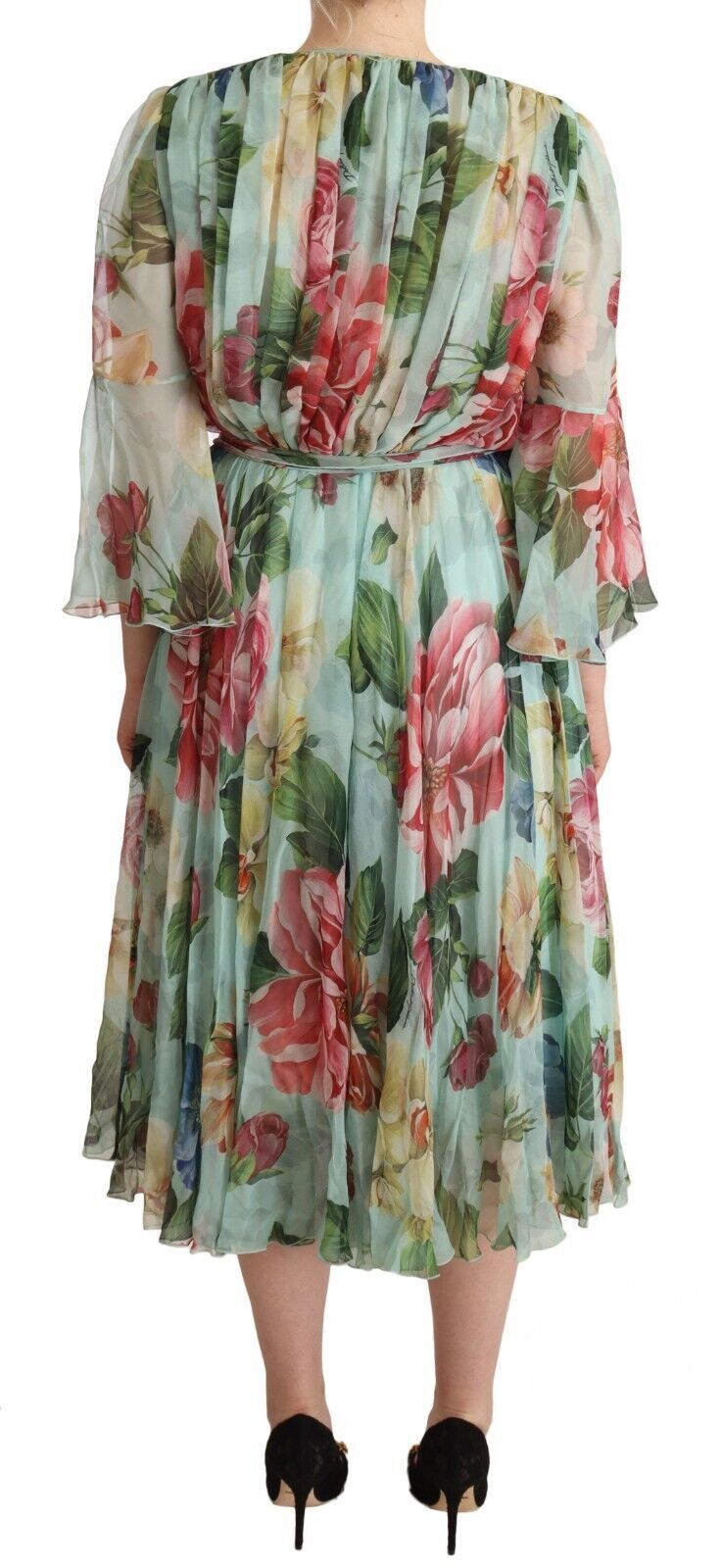 Dolce & Gabbana Green Floral Long-Sleeve V-Neck Midi Dress
