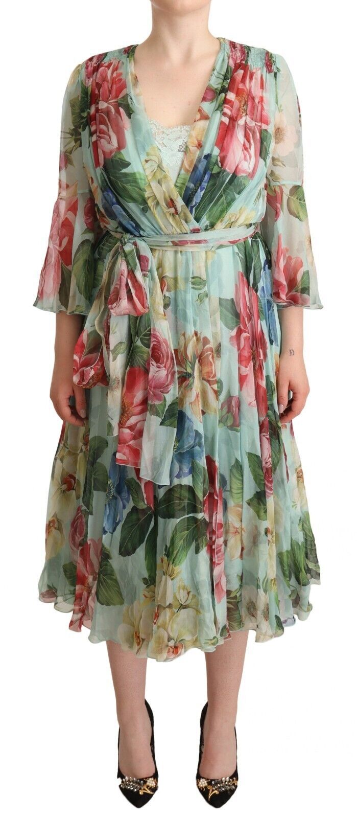 Dolce & Gabbana Green Floral Long-Sleeve V-Neck Midi Dress