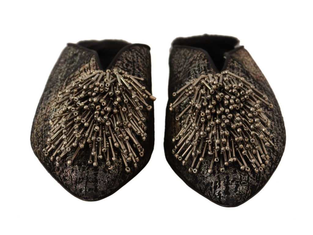 Paola D'Arcano Gold Jacquard Leather Embellished Slip-On Shoes