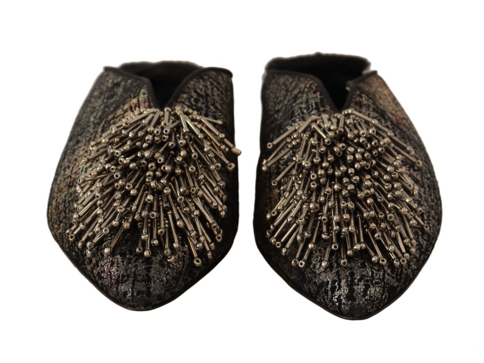 Paola D'Arcano Gold Jacquard Leather Embellished Slip-On Shoes