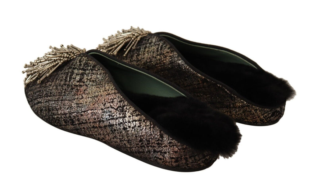 Paola D'Arcano Gold Jacquard Leather Embellished Slip-On Shoes