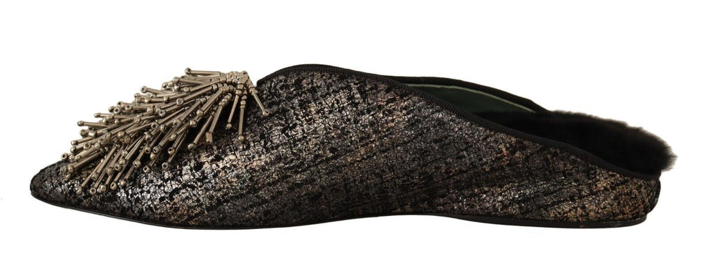 Paola D'Arcano Gold Jacquard Leather Embellished Slip-On Shoes