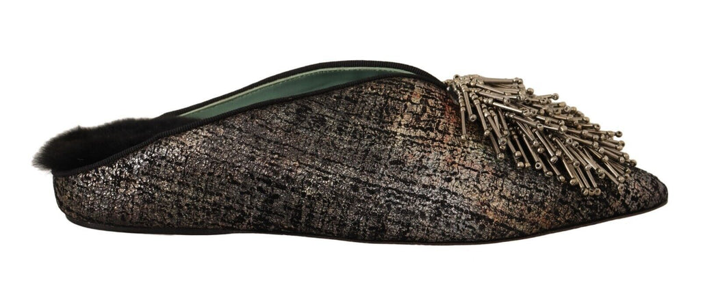 Paola D'Arcano Gold Jacquard Leather Embellished Slip-On Shoes