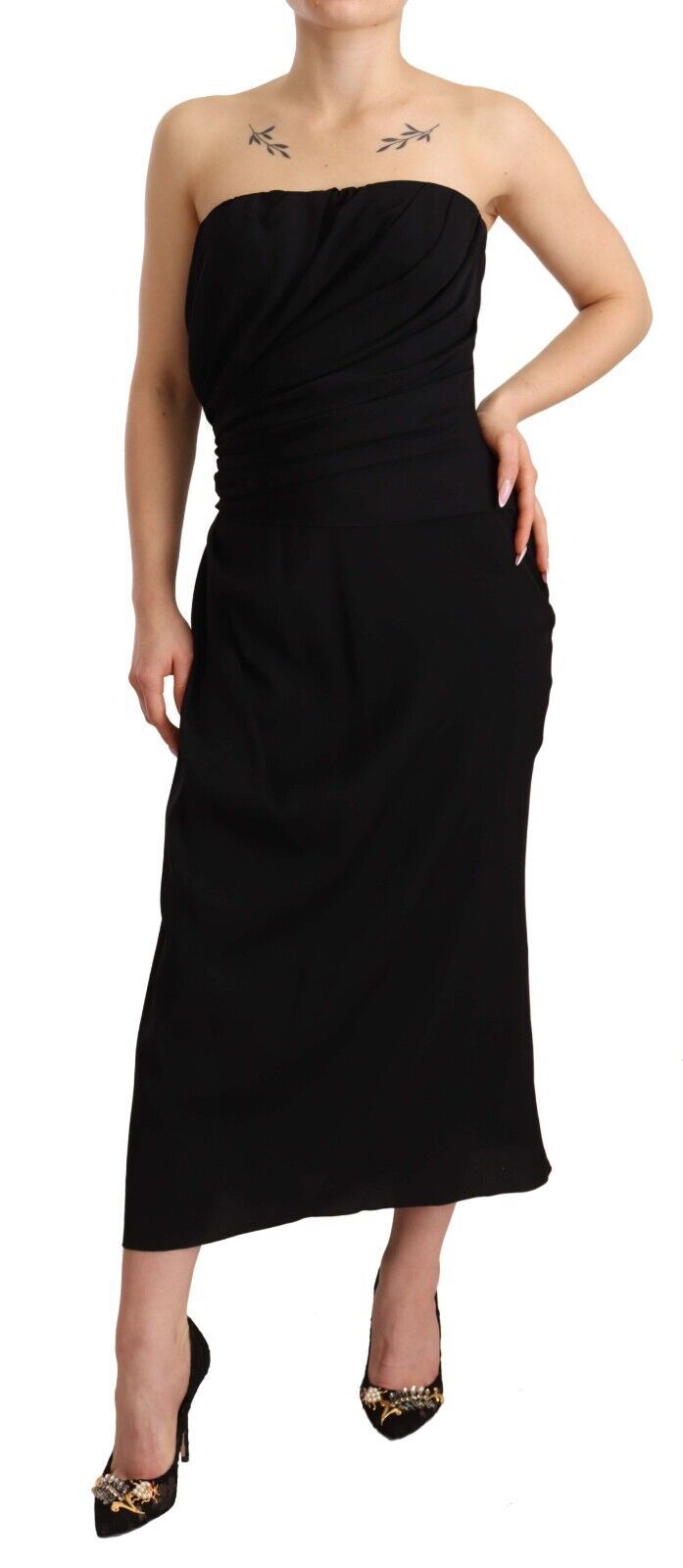 Dolce & Gabbana Schwarzes trägerloses Midikleid aus Seidenstretch