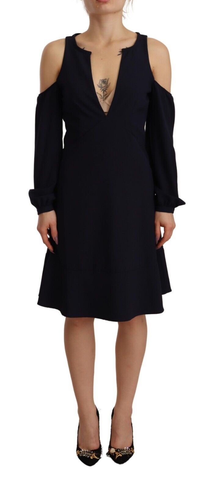 Twinset Black A-Line Dress with Long Sleeves and Open Shoulders