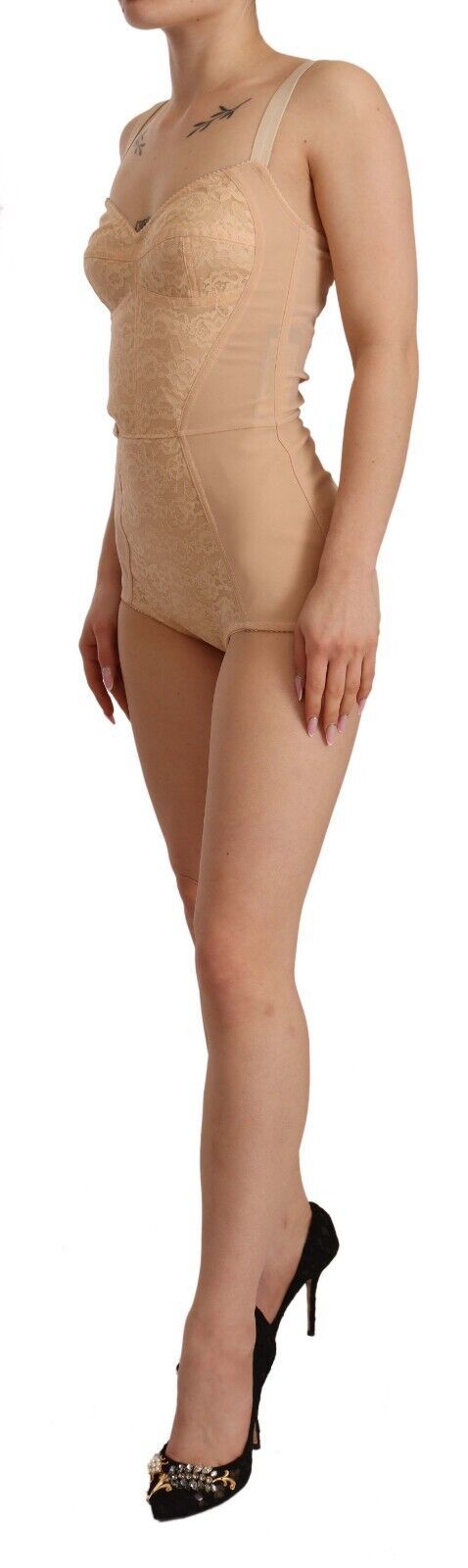 Dolce & Gabbana Beige Nylon Floral Spitze Bodysuit Unterwäsche