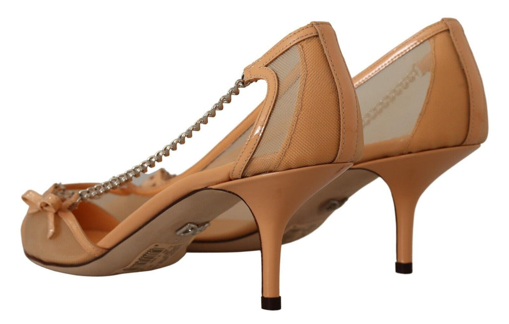 Dolce & Gabbana Peach Mesh Leather Chain Heels Pumps Shoes