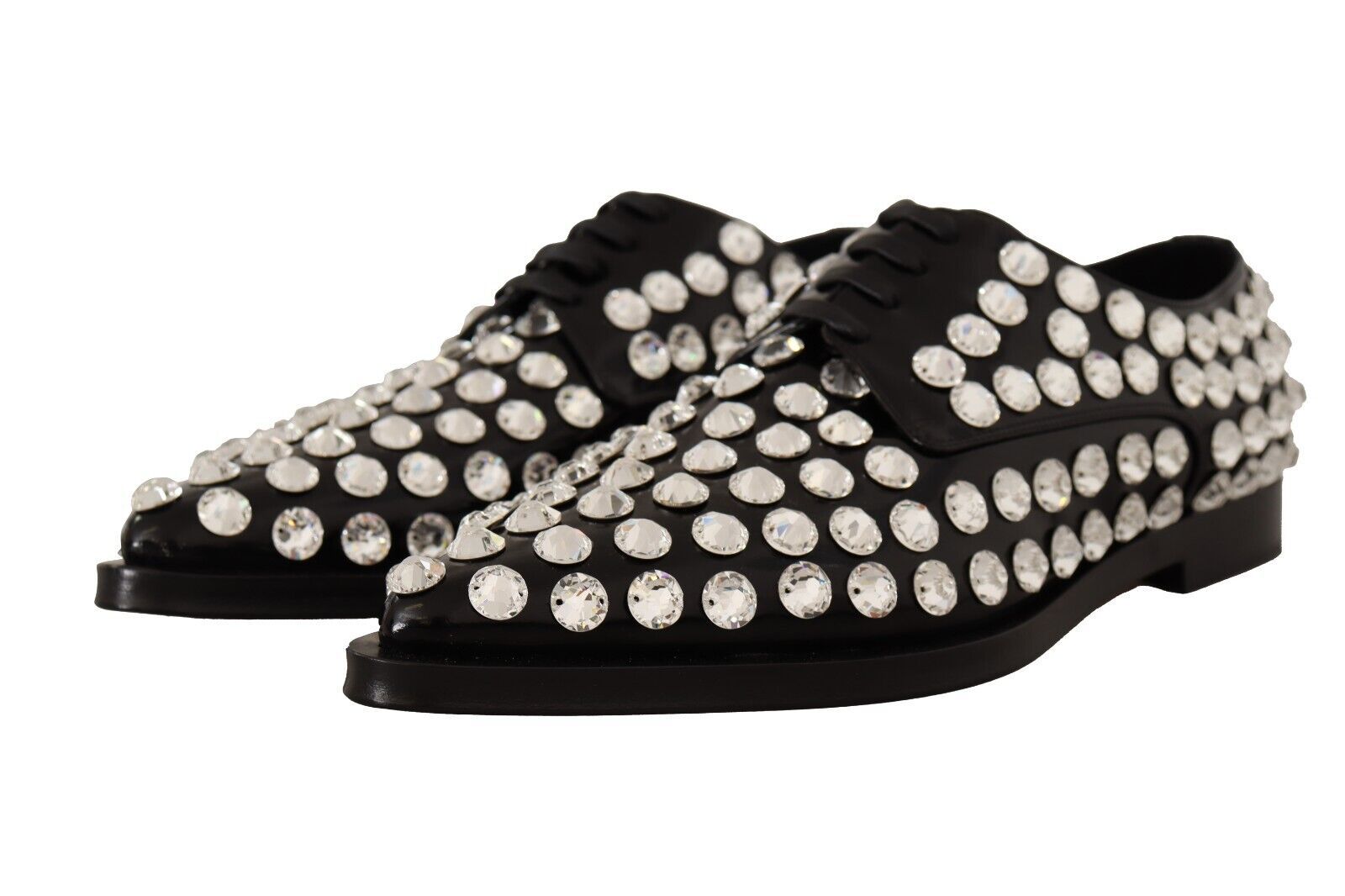 Dolce & Gabbana Black Leather Crystal Lace-Up Formal Shoes