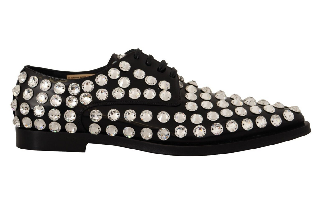 Dolce & Gabbana Black Leather Crystal Lace-Up Formal Shoes