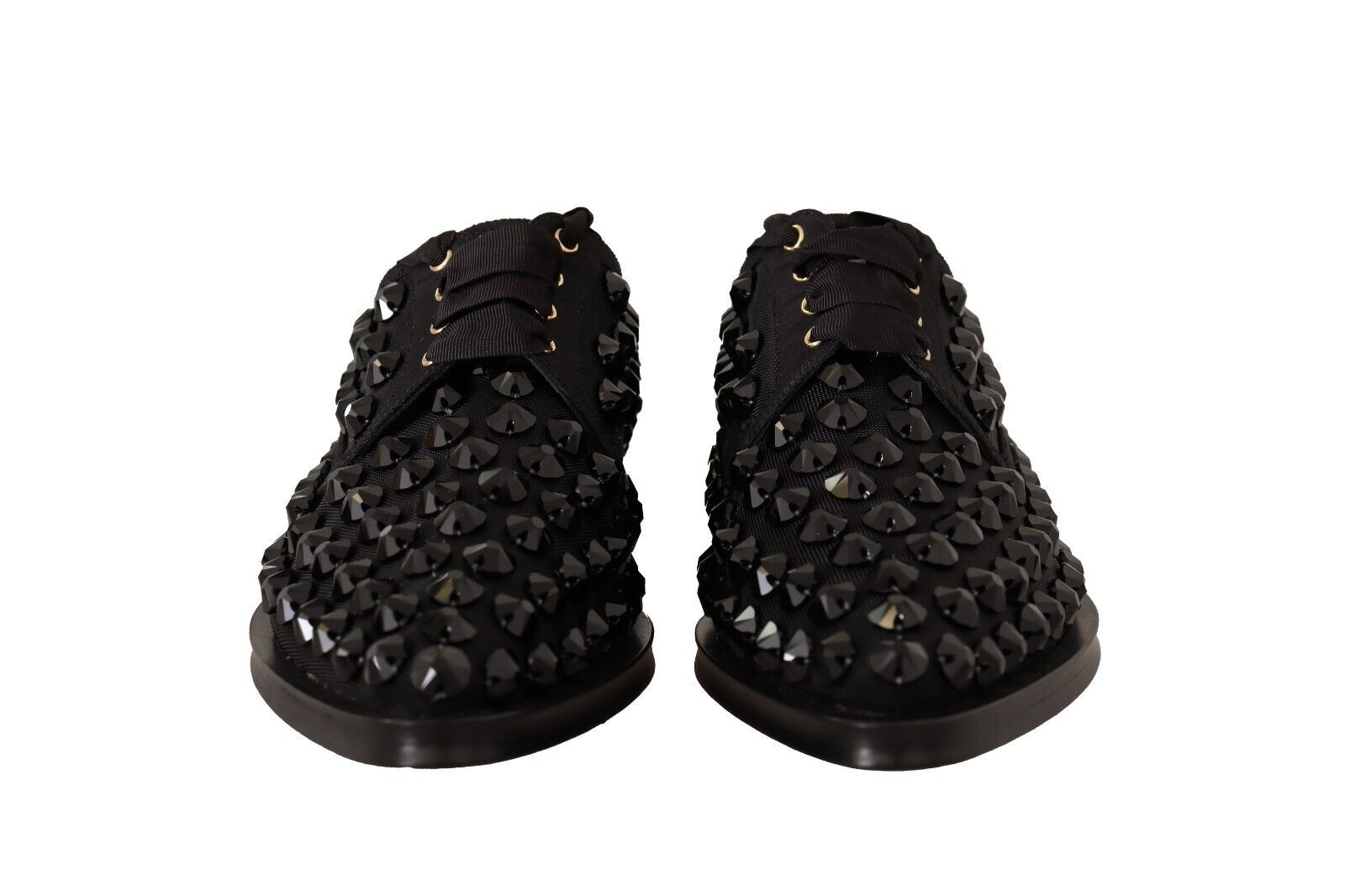 Dolce & Gabbana Black Studded Lace-up Formal Flats Shoes