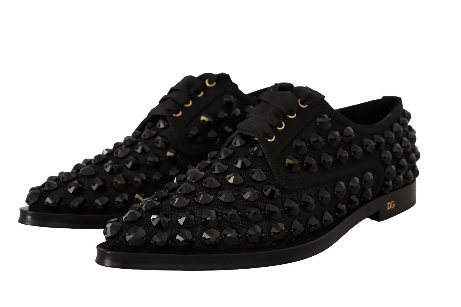 Dolce & Gabbana Black Studded Lace-up Formal Flats Shoes