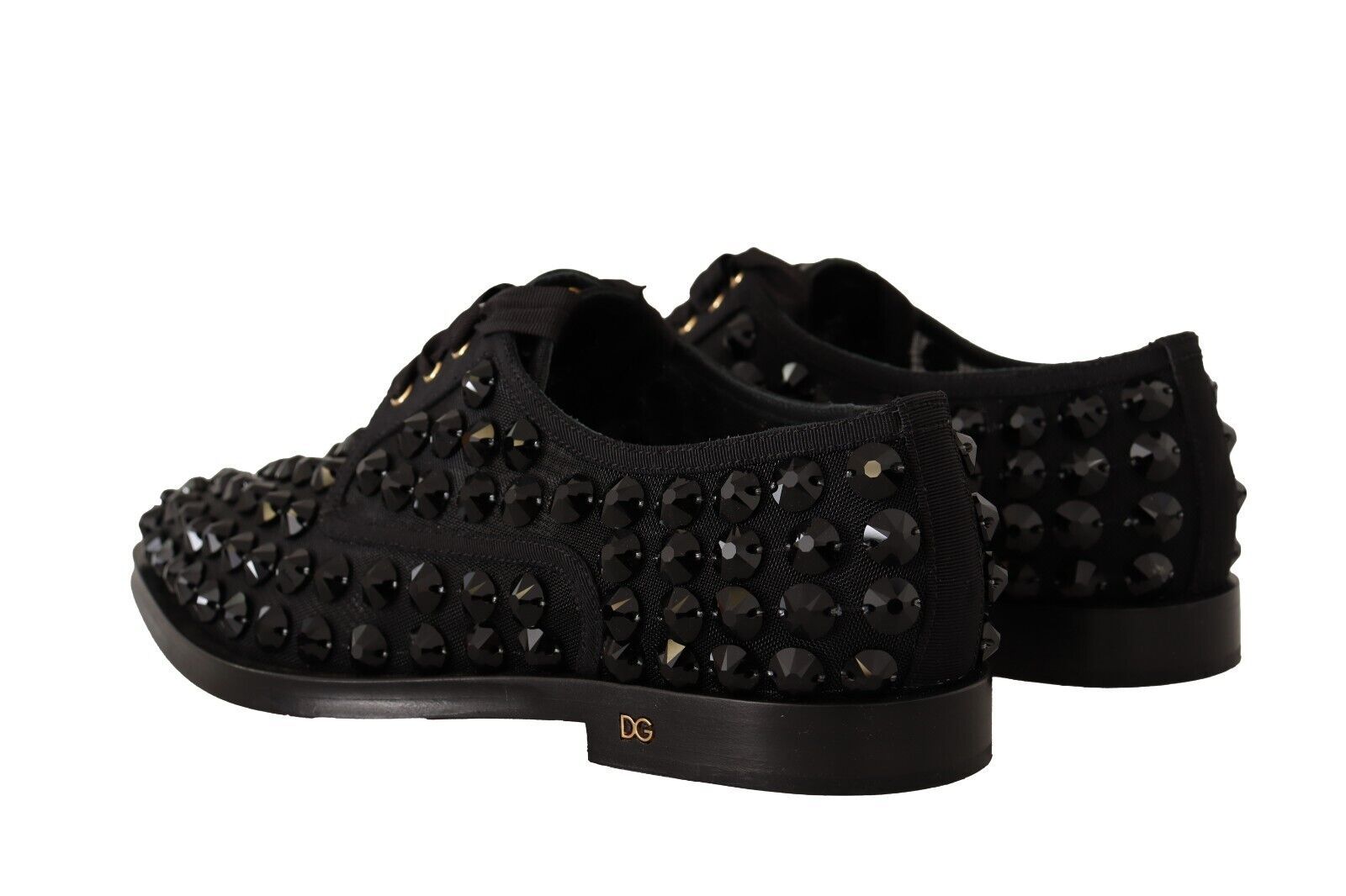 Dolce & Gabbana Black Studded Lace-up Formal Flats Shoes