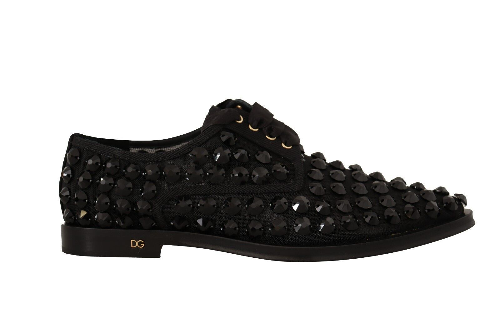 Dolce & Gabbana Black Studded Lace-up Formal Flats Shoes