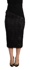 Masha Ma Schwarzer Lametta-Bleistift-Midi-Viskose-Rock mit hoher Taille