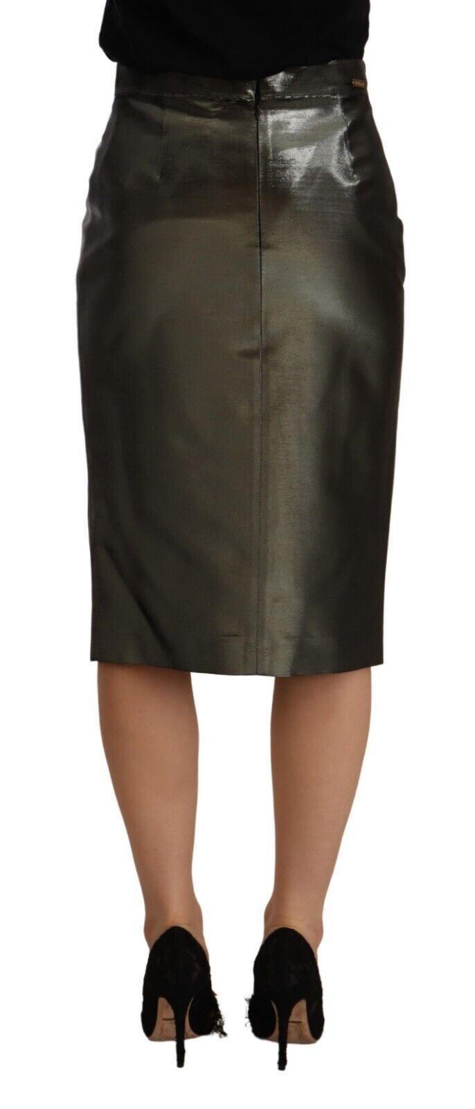 GF Ferre Metallisch grauer Bleistift-Midi-Rock mit hoher Taille