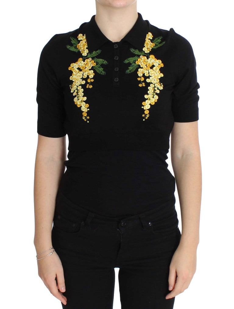 Dolce & Gabbana Black Silk Polo Shirt with Floral Embroidery