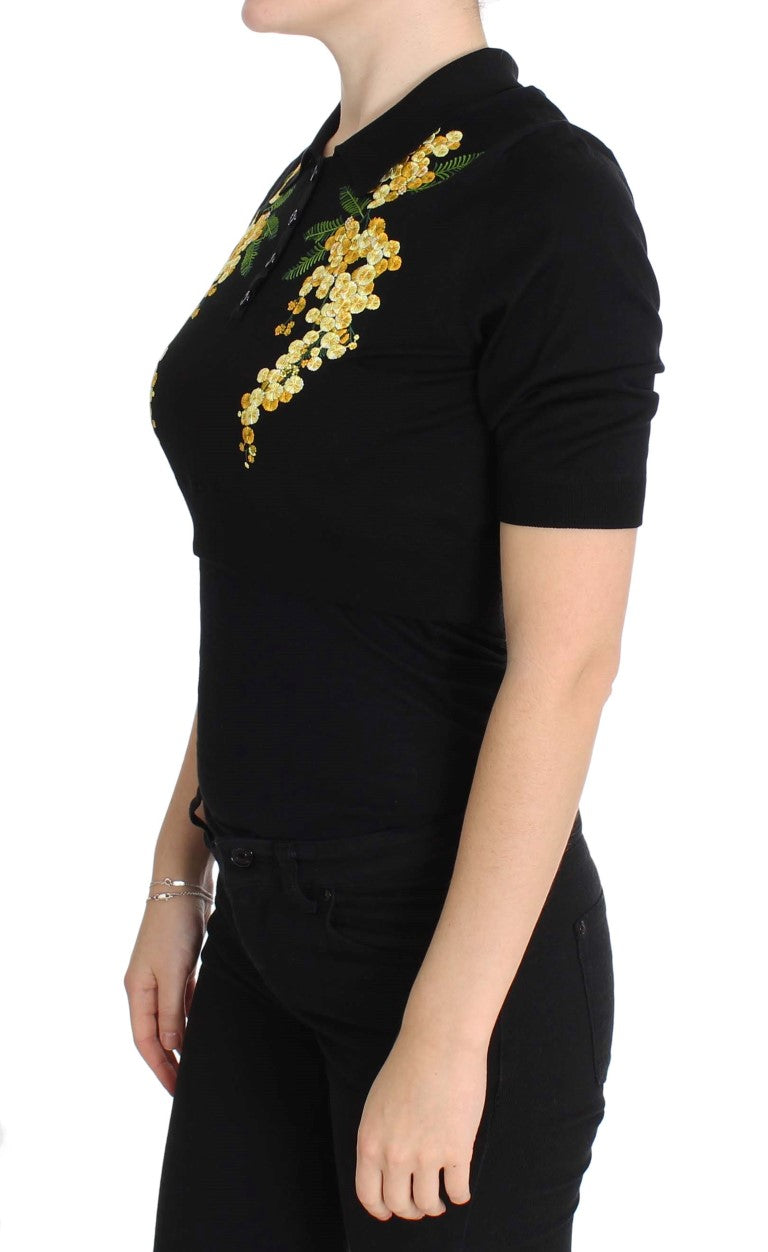 Dolce & Gabbana Black Silk Polo Shirt with Floral Embroidery
