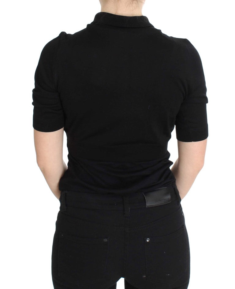 Dolce & Gabbana Black Silk Polo Shirt with Floral Embroidery