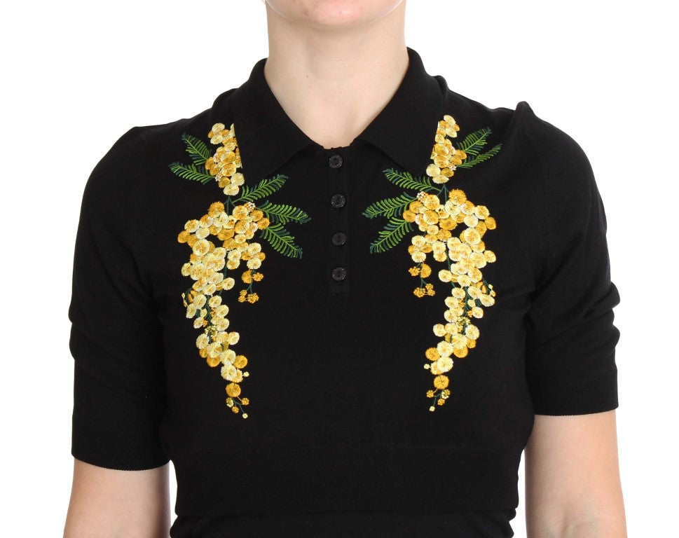 Dolce & Gabbana Black Silk Polo Shirt with Floral Embroidery
