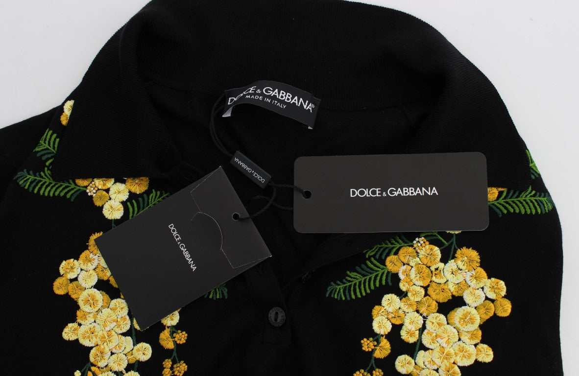 Dolce & Gabbana Black Silk Polo Shirt with Floral Embroidery