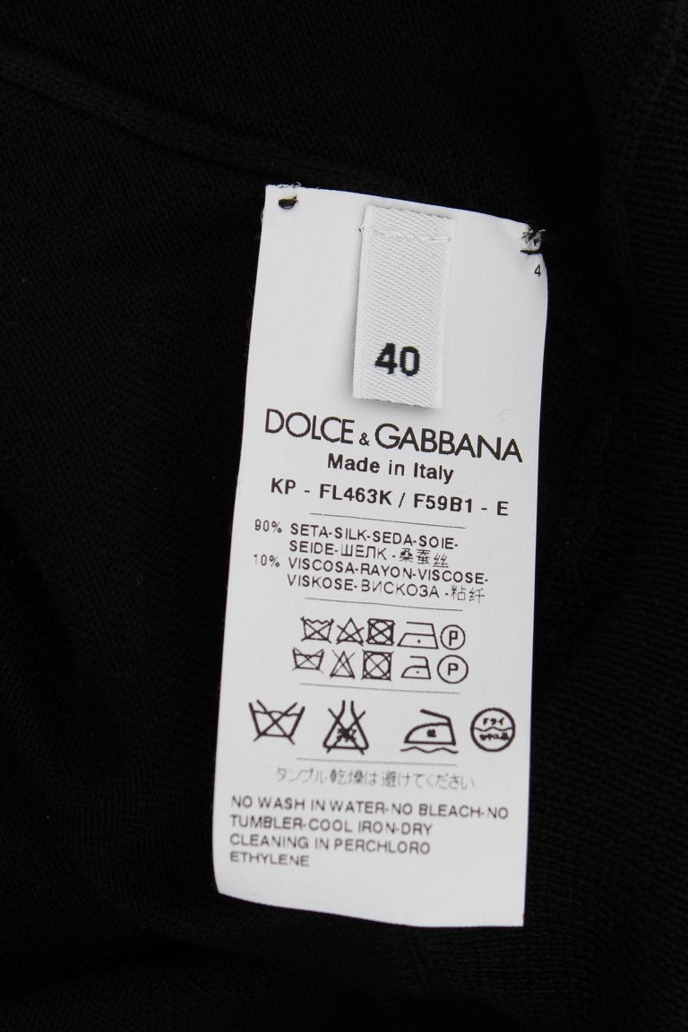 Dolce & Gabbana Black Silk Polo Shirt with Floral Embroidery
