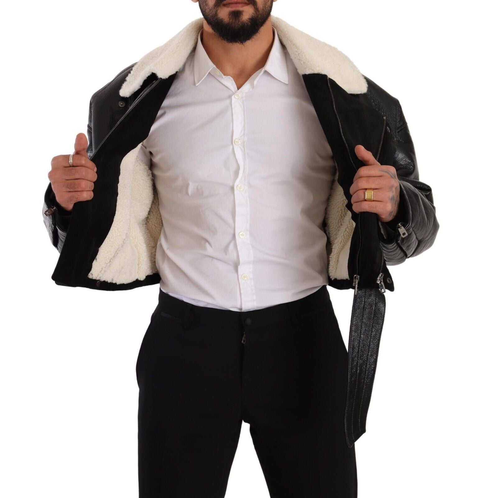 Dolce & Gabbana Schwarzer Leder Shearling Bikermantel Jacke