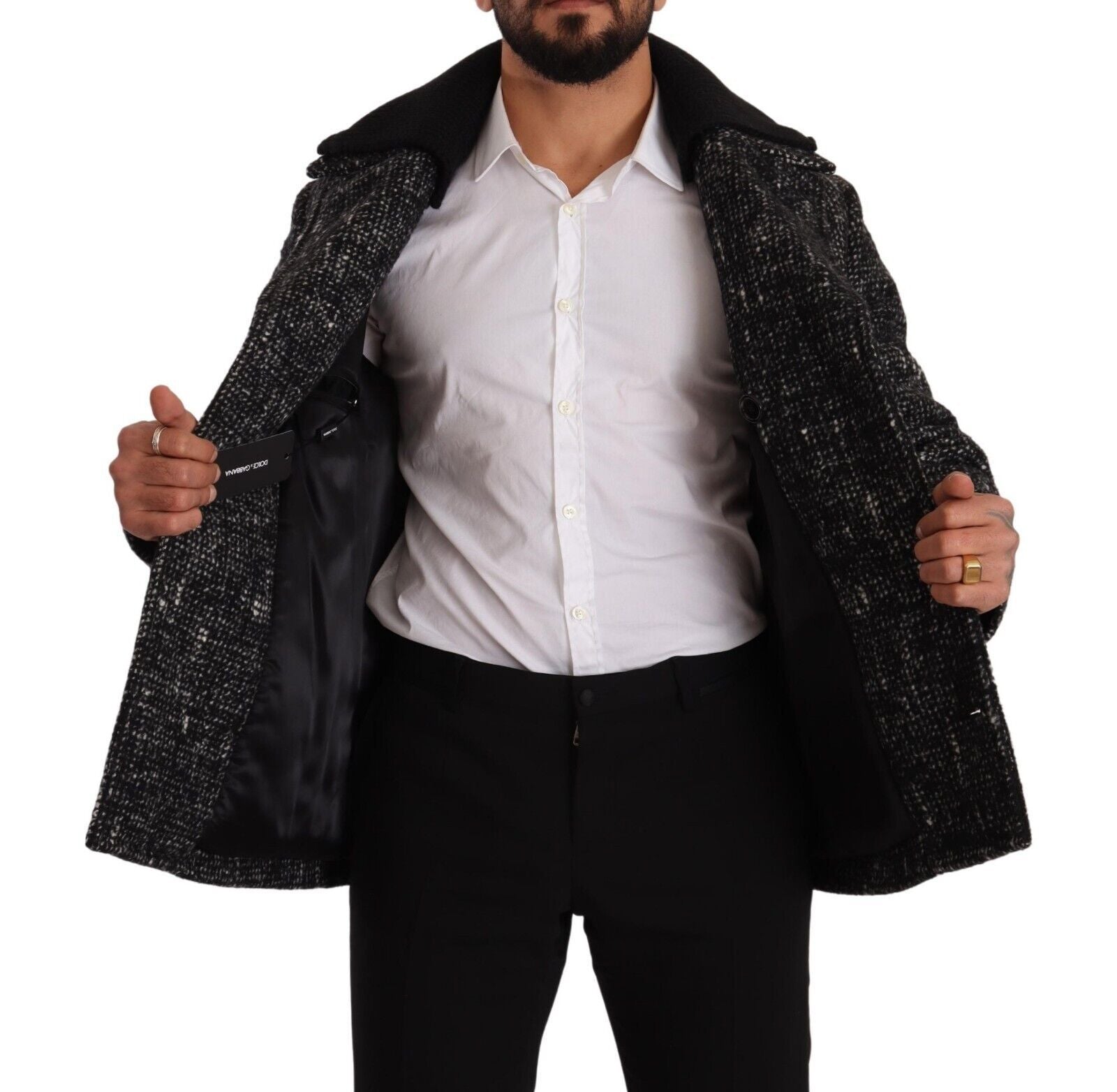 Dolce & Gabbana Schwarzer Wollmantel Zweireiher Herrenjacke