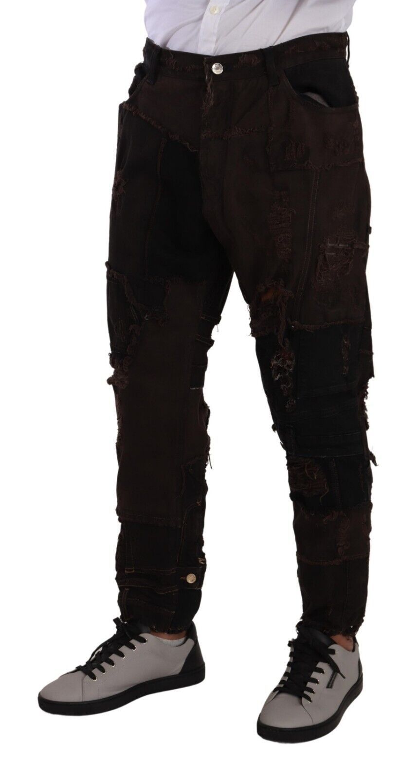 Dolce & Gabbana Brown Cotton Distressed Denim Regular Jeans
