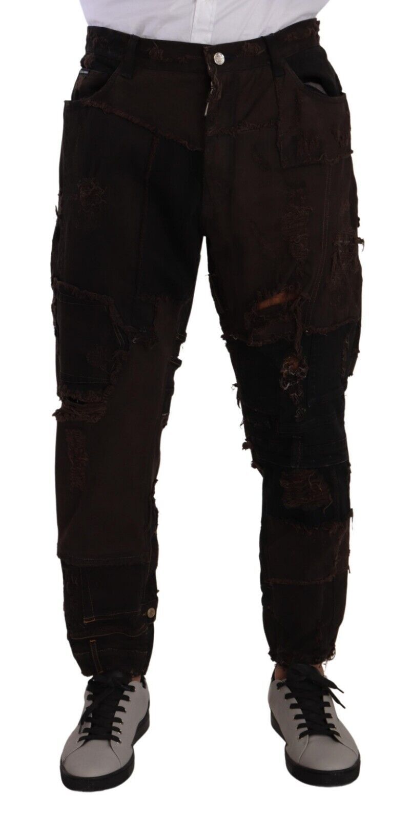 Dolce & Gabbana Brown Cotton Distressed Denim Regular Jeans