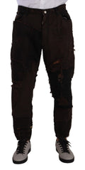 Dolce & Gabbana Brown Cotton Distressed Denim Regular Jeans