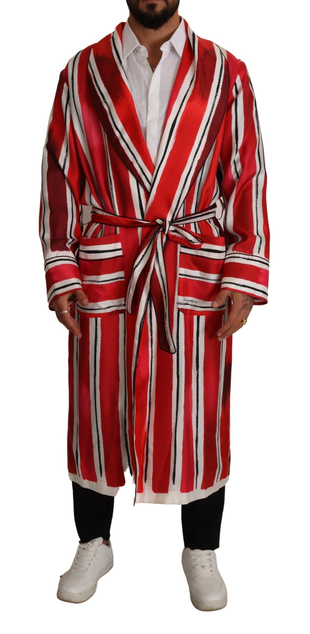 Dolce & Gabbana Red and White Striped Men's Silk Nightshirt