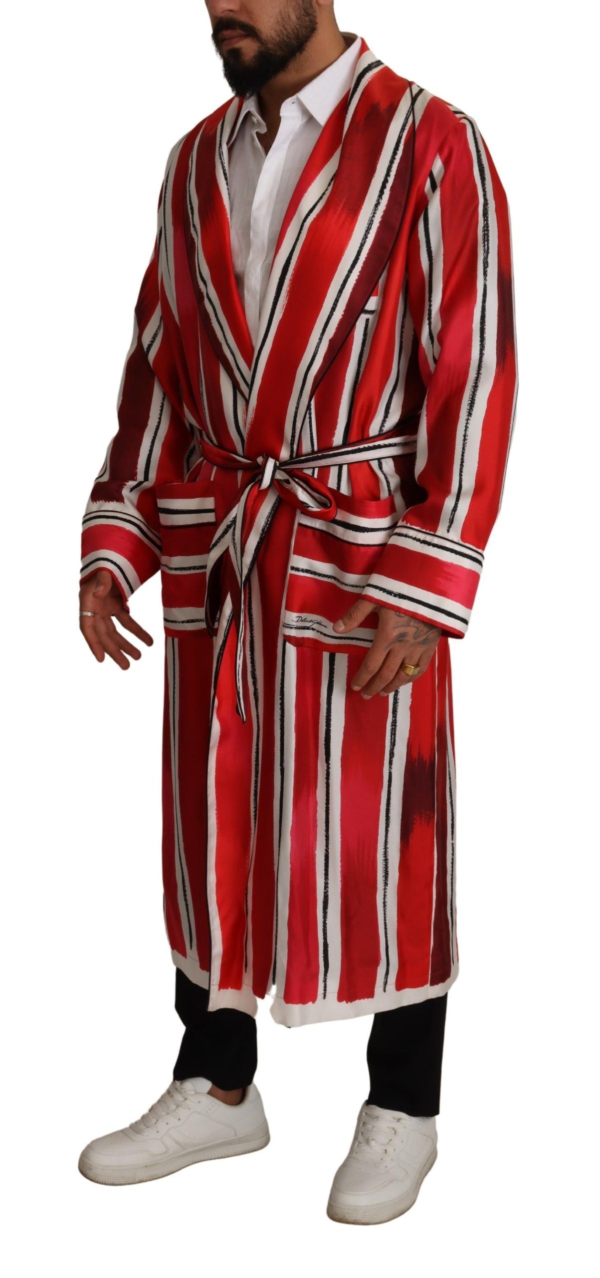 Dolce & Gabbana Red and White Striped Men's Silk Nightshirt