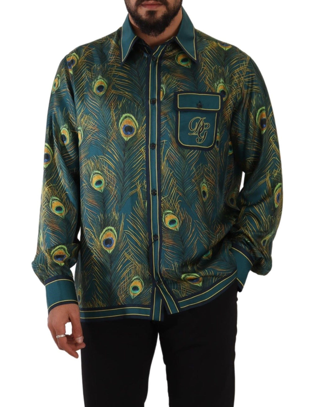 Dolce & Gabbana Pfauenfeder Print Seidenpyjama Herrenhemd