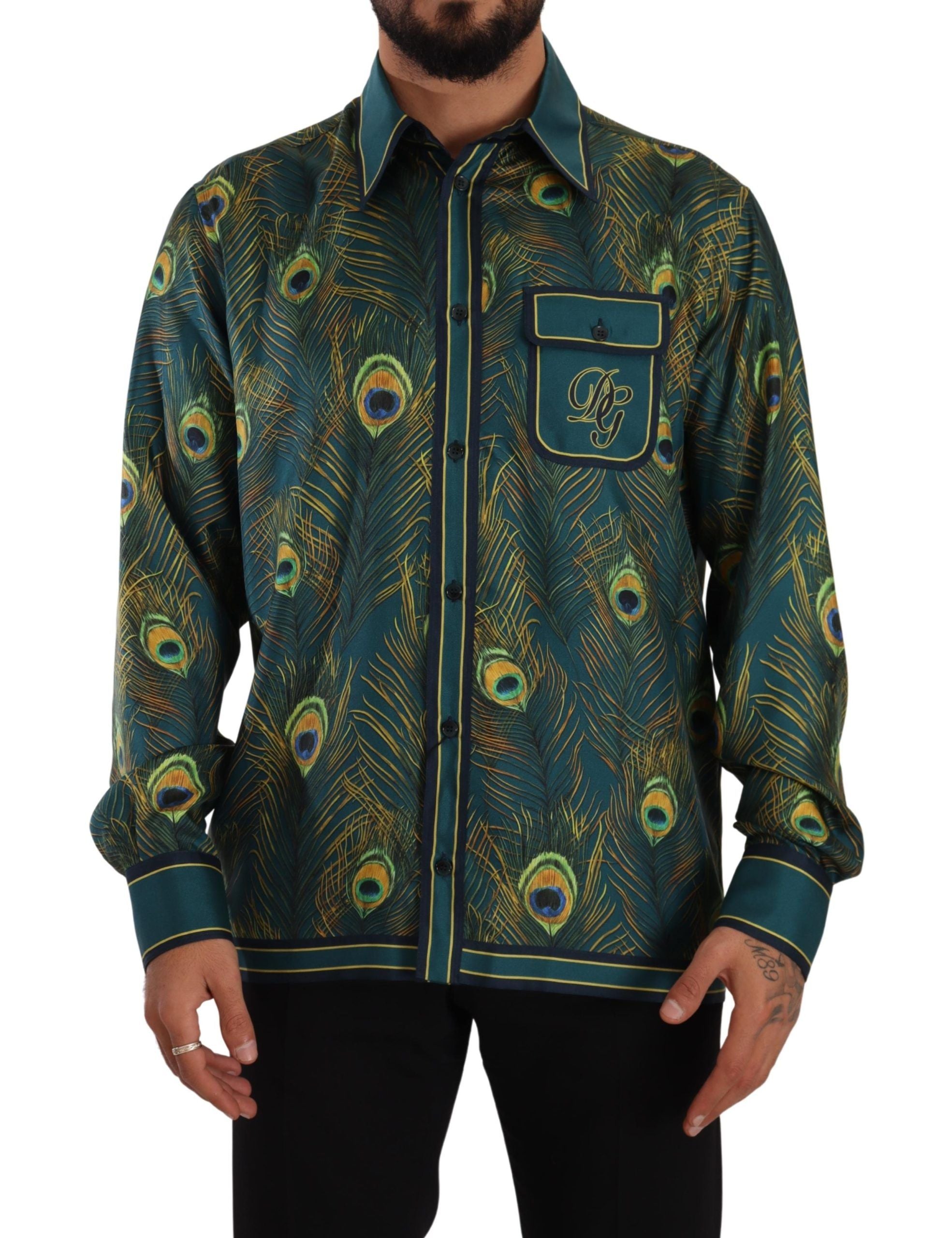 Dolce & Gabbana Pfauenfeder Print Seidenpyjama Herrenhemd