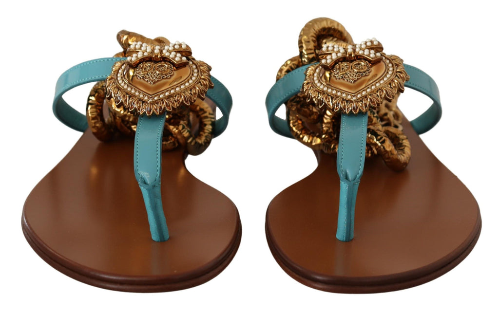 Dolce & Gabbana Blaue Leder Devotion Flats Sandalen