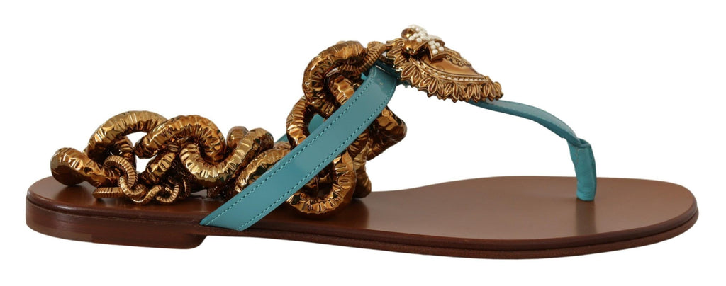 Dolce & Gabbana Blaue Leder Devotion Flats Sandalen