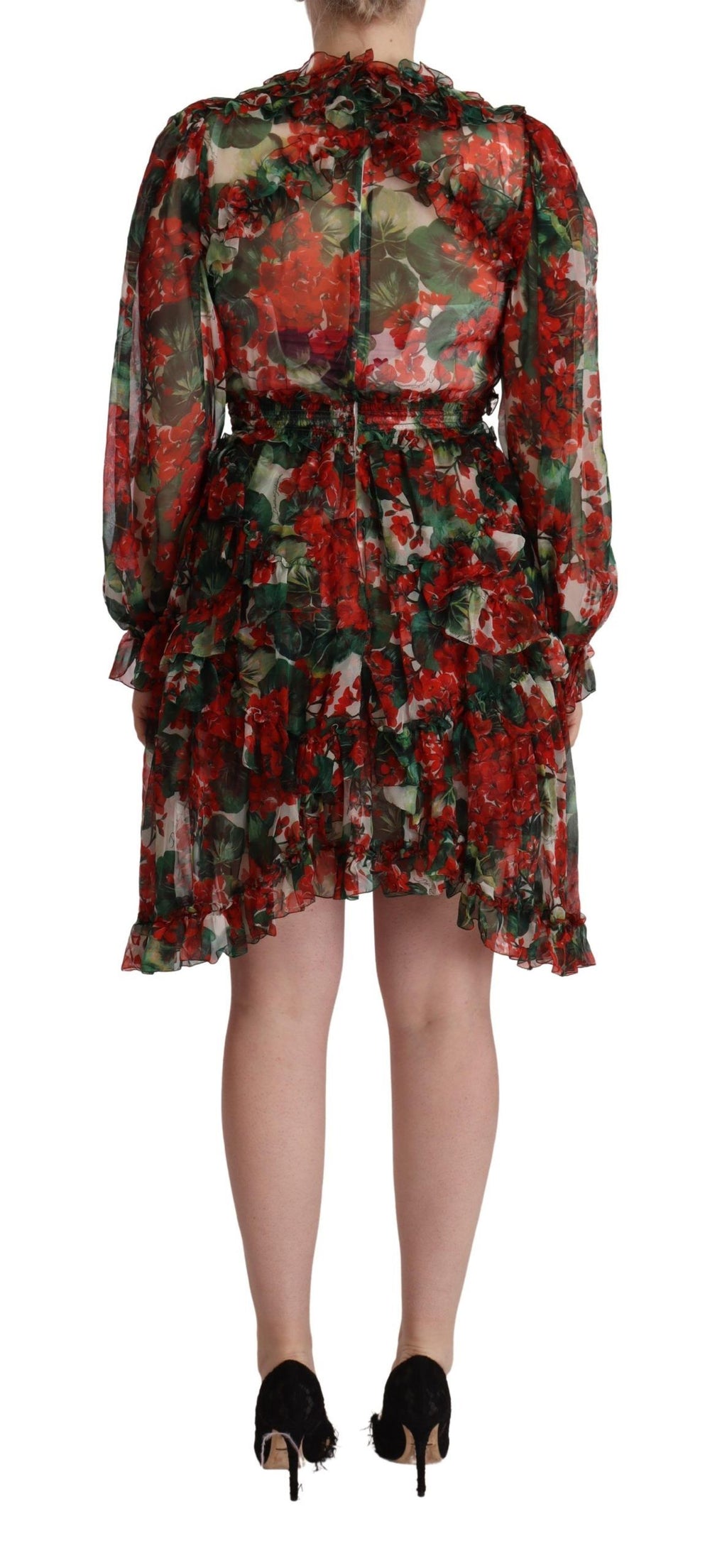 Dolce & Gabbana Multicolor Rotes Florales Langes Seidenkleid