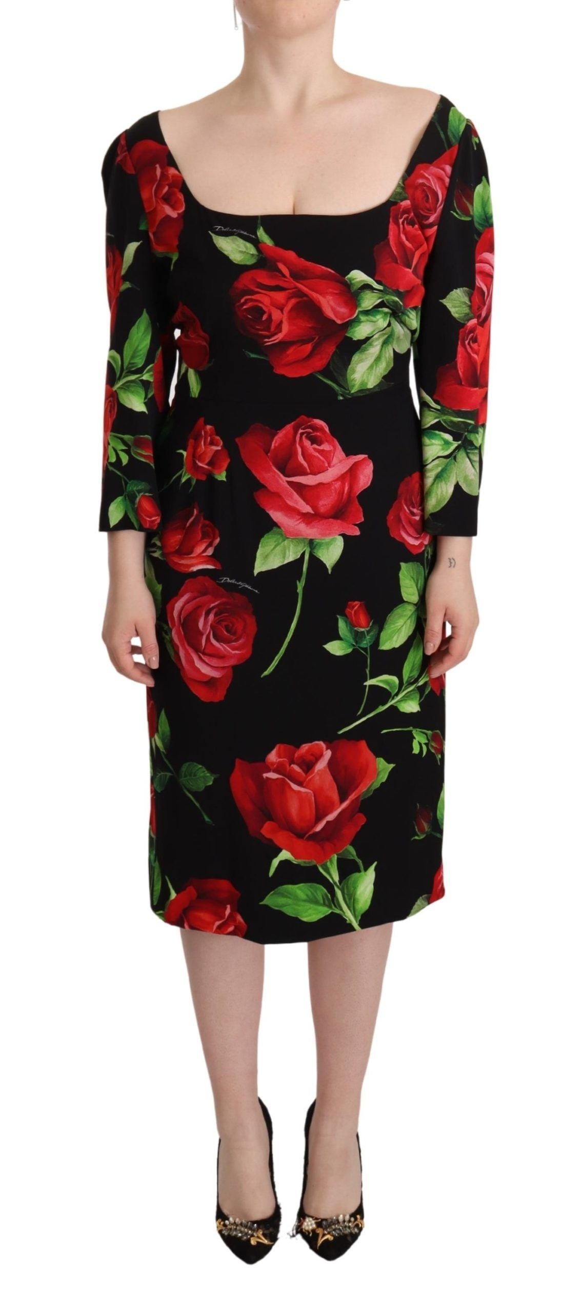 Dolce & Gabbana Black and Red Roses Stretch Silk Sheath Dress