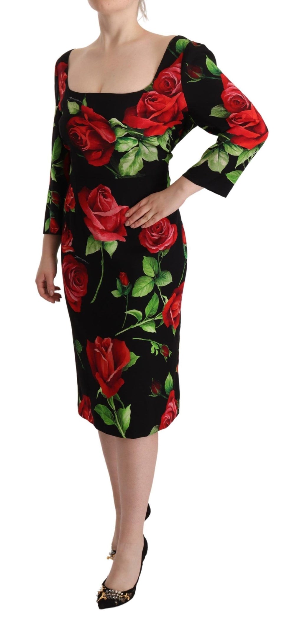 Dolce & Gabbana Black and Red Roses Stretch Silk Sheath Dress