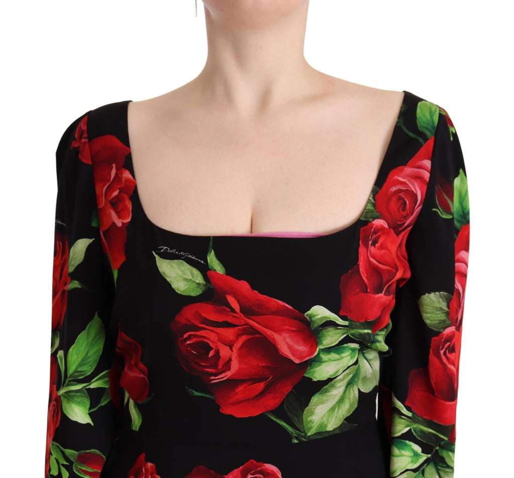 Dolce & Gabbana Black and Red Roses Stretch Silk Sheath Dress