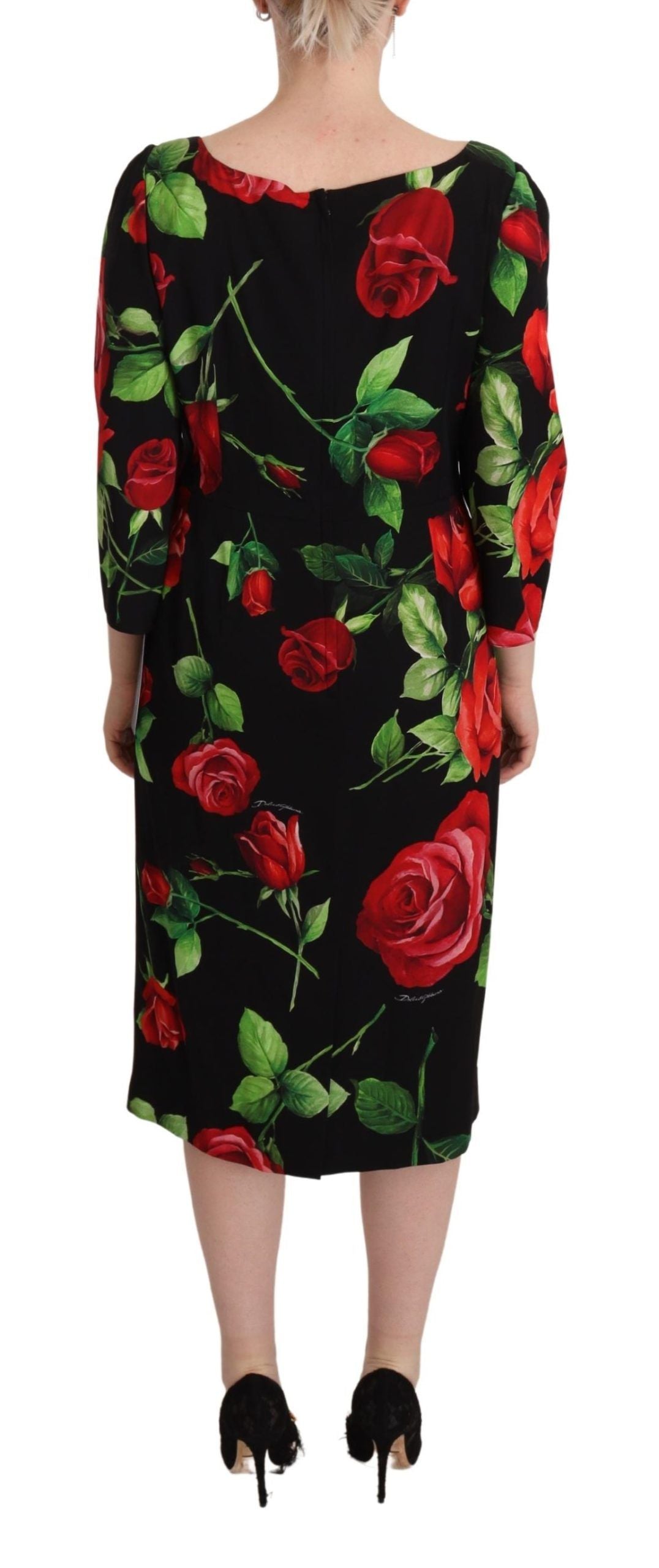 Dolce & Gabbana Black and Red Roses Stretch Silk Sheath Dress