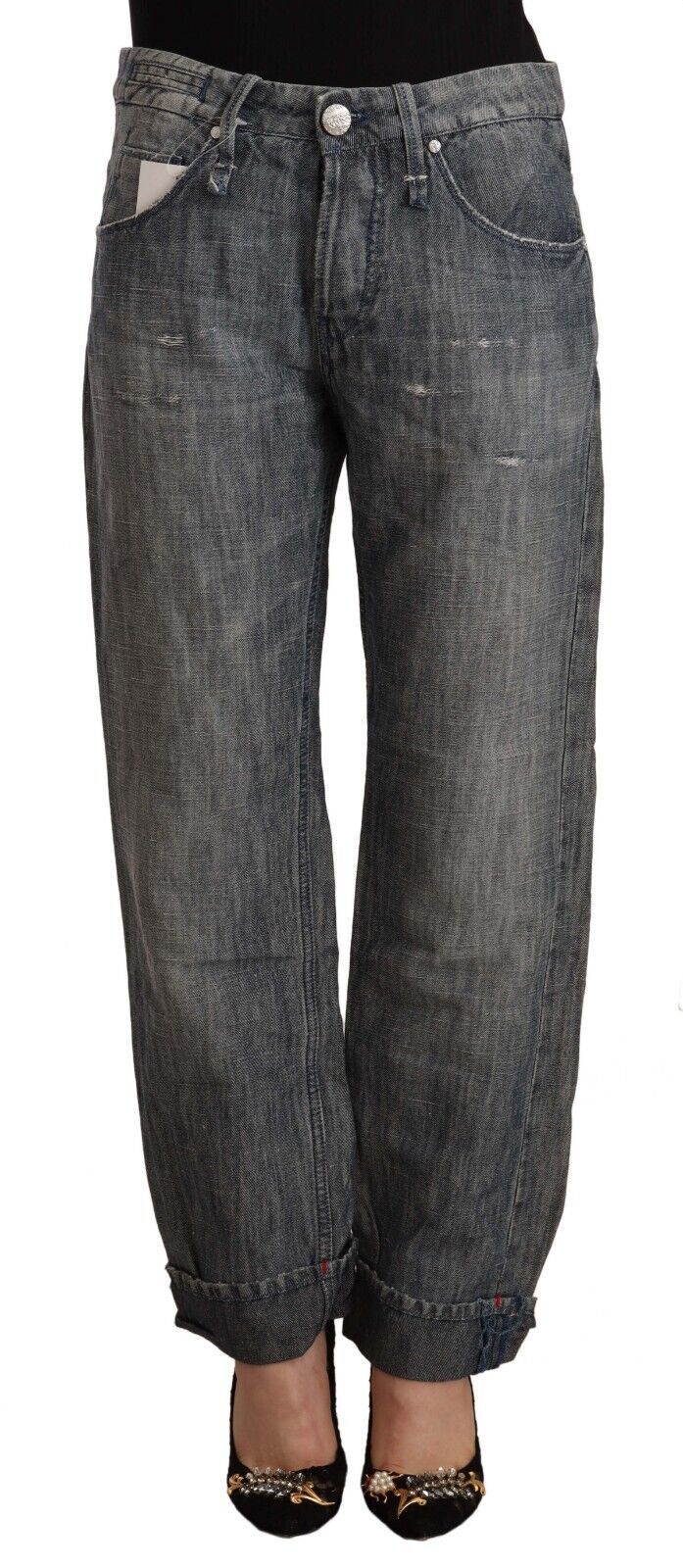 Eight Grey Washed Ramie Straight Denim Jeans with Folded Hem