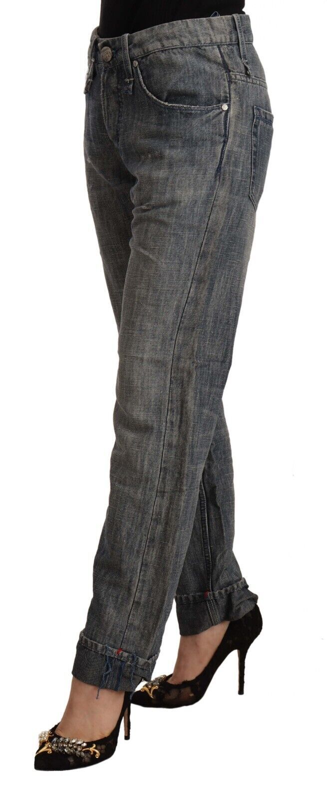 Eight Grey Washed Ramie Straight Denim Jeans with Folded Hem