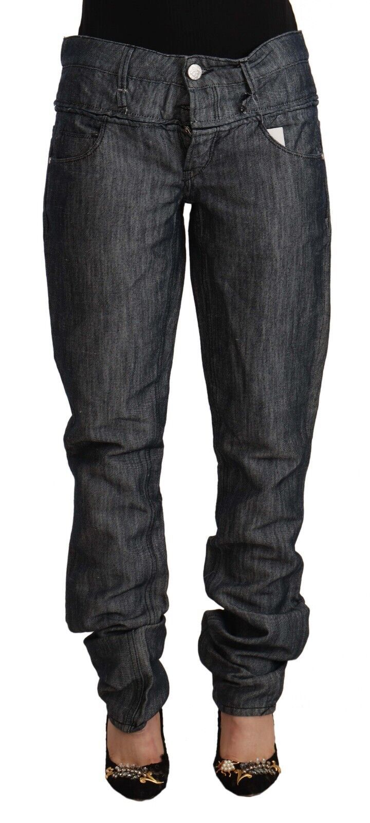 Acht Dunkelgraue Ramie Mid Wide Waist Straight Denim Jeans