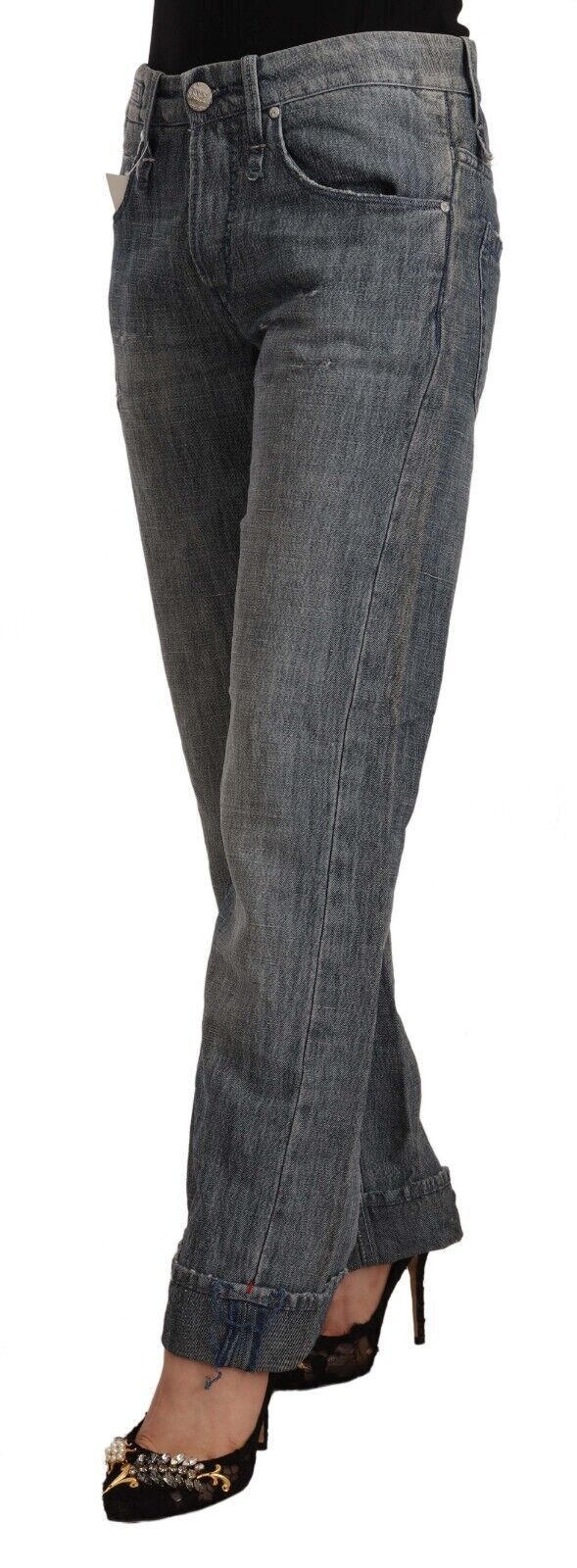 Acht Graue gewaschene Jeans mit mittlerer Taille aus geradem Denim mit gefaltetem Saum