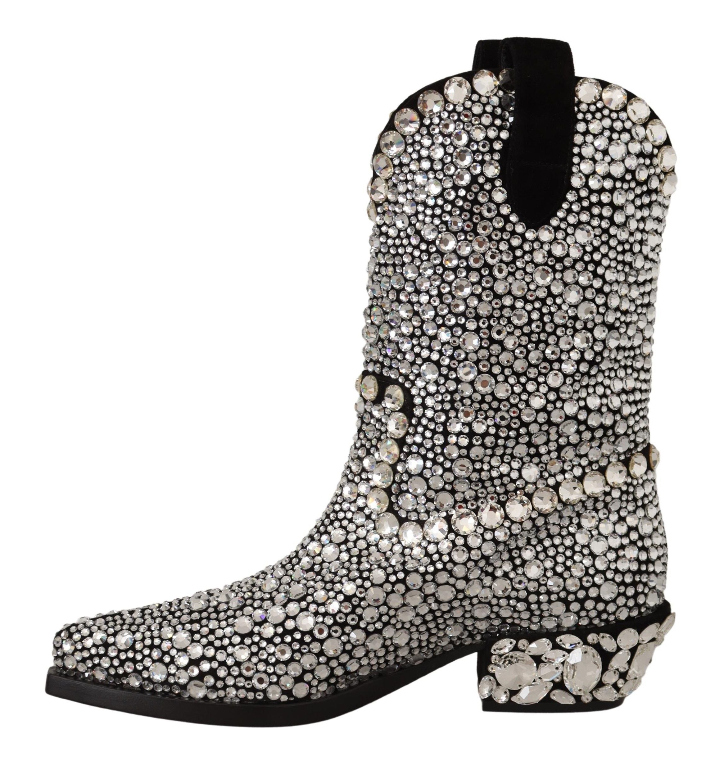 Dolce & Gabbana Black Suede Rhinestone Crystal Cowgirl Boots