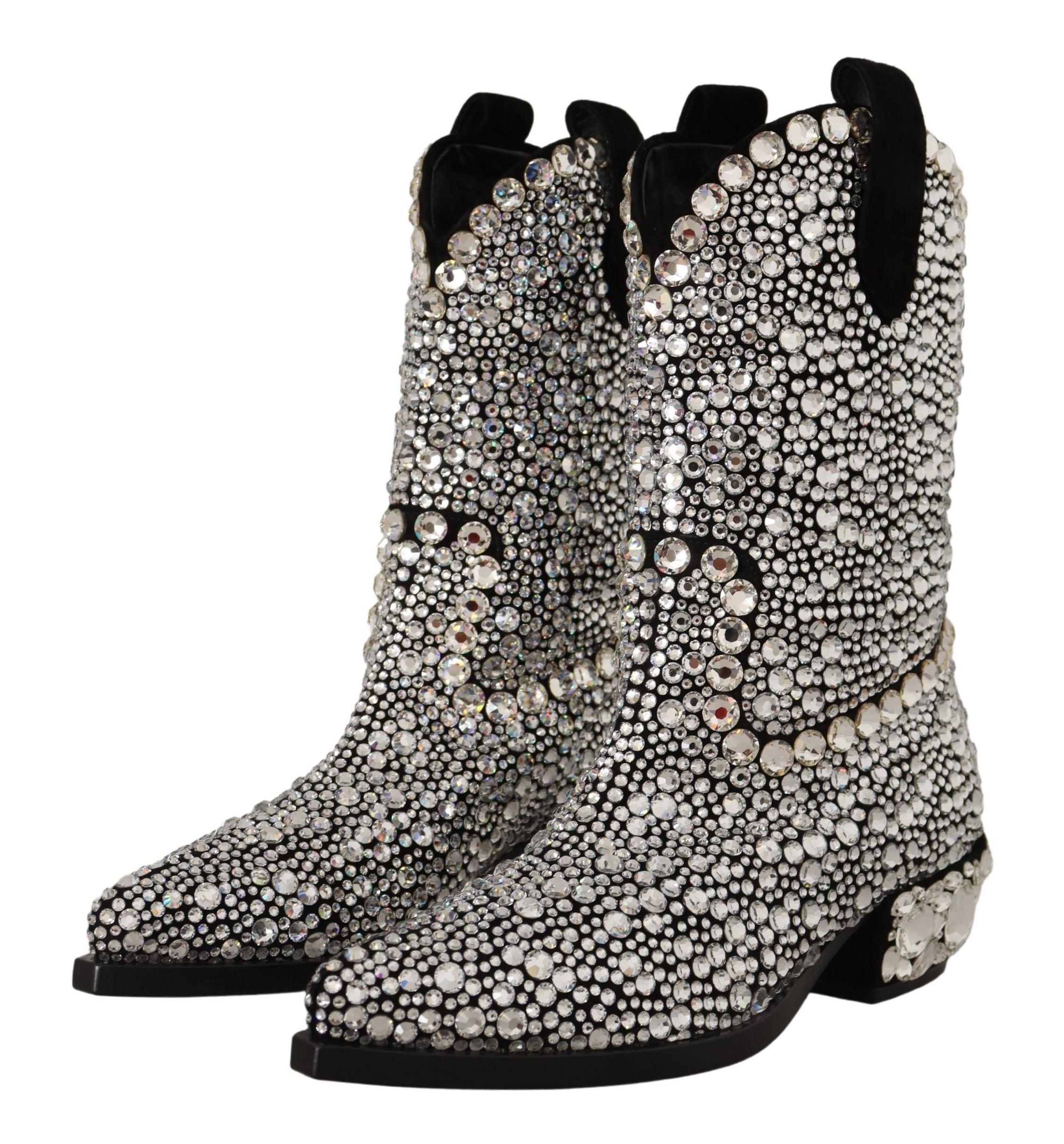Dolce & Gabbana Black Suede Rhinestone Crystal Cowgirl Boots